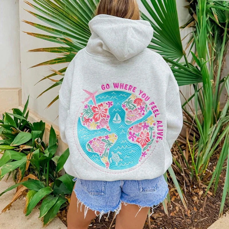Women's grey flower letter embroidery hoodie with a loose fit and kangaroo pocket.