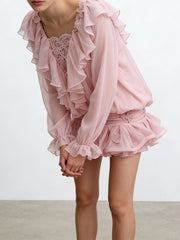 Ruffles Long Sleeve Mesh Mini Dress