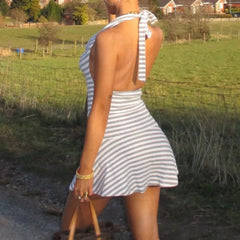 Grey Stripe Halter Mini Dress