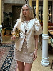 Puffy Sleeve Stain Tie Up Shirt