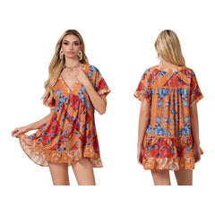 Floral Print Short Sleeve V-Neck Ruffled Hem Loose Mini Dress with Pockets