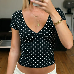 Polka Dot V-Neck Cropped T-Shirt