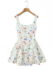 White Floral Print Square Collar Sleeveless Flare Mini Dress
