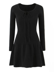 Solid Knit Long Sleeve Front Tie Mini Dress
