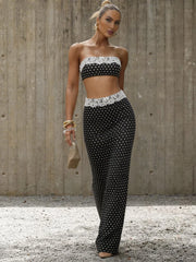 Black Polka Dot Lace Patchwork Bandeau Top And Maxi Skirt Set