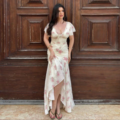 Short Sleeve Floral Print Tie Up Midi Dress