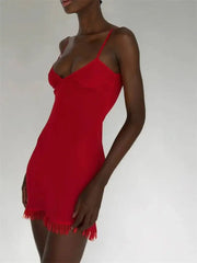 Red Spaghetti Strap Tassel Hem Mini Dress