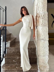 One Shoulder Tie-Up Long Dress - Fit & Flare Knit