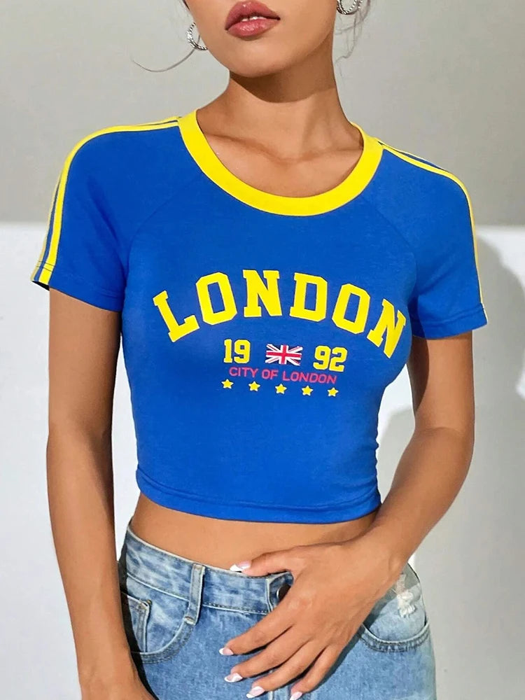 Women's blue London letter printed O-neck short-sleeved crop graphic T-shirt.