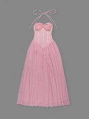 Halter Neck Lace Corset Tie Patchwork Long Dress