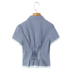 Plaid Short Sleeve Lapel Collar Top