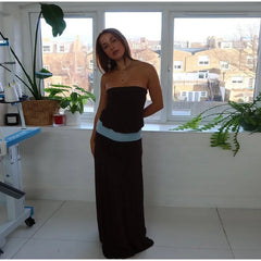 Brown Contrast Waist Cinched Strapless Long Dress