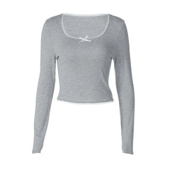 Lace Trim Solid Long Sleeve Top