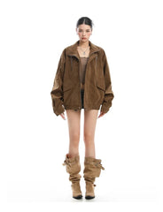 Faux Suede Stand Collar Zipper Jacket
