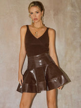 Brown PU Leather Ruffle High Waist A-line Skirt