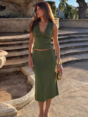 Lace Trim V-neck Tank Top And Midi Skirt Set