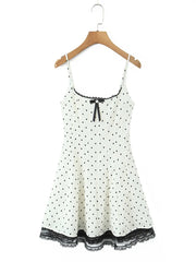 White Polka Dot Square Collar Lace Edge Mini Dress