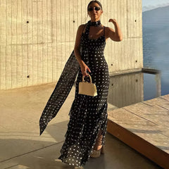Black Polka Dot Long Dress With Scarf Ribbon