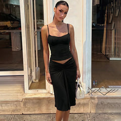Spaghetti Strap Top And High Waist Ruched Midi Skirt Set