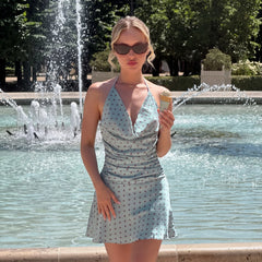 Blue Satin Polka Dot Cowl Neck Mini Dress