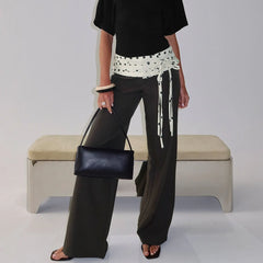 Polka Dot Waist Tie Black Wide Leg Trouser