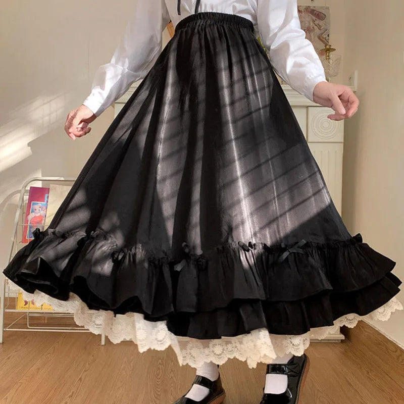 Women's ruffles lace trim bow maxi skirt in black or white.