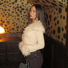 Furry Patchwork Ribbed Zipper Cardigan