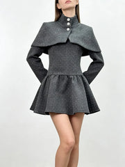Grey Square Neck Long Sleeves Shawl Mini Dress