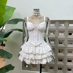 Floral Corset Hook Strappy Top And Frill Mini Skirt Set