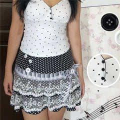 Piano Pleated Polka Dot Lace Patchwork Mini Skirt