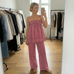 Red Striped Tie Up Strap Babydoll Top and Straight Pants Loungewear Set