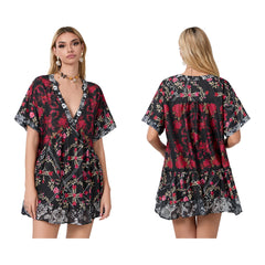 Floral Print Short Sleeve V-Neck Ruffled Hem Loose Mini Dress with Pockets