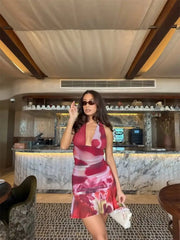 Printed Deep Halter Ruched Pleated Hem Mini Dress