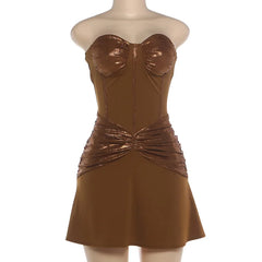 Brown Metallic Strapless Pleated Mini Dress