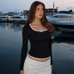 Lace Trim Solid Long Sleeve Top