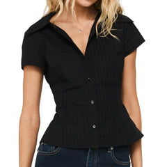 Collar Short Sleeve Button Up Back Bow Blouse