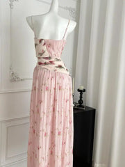 Pink Floral Pleated Slip Long Dress