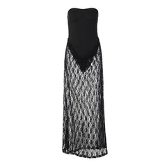 Black Lace Sheer Patchwork Tube Bodysuit Maxi Dress