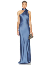 Blue Halter Neck One Shoulder Beaded Tassel Maxi Dress