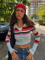 Striped Rainbow Knitted Cropped Cardigan And Blue Knit Pants Set