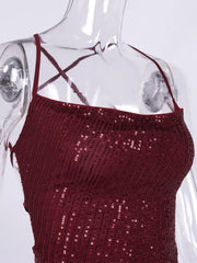 Red Sequin Lace Up Midi Dress