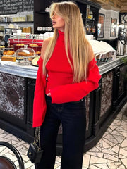Ribbed Knit Turtleneck Cutout Shoulder Vest Long-Sleeved Shawl 2-Piece Set Top