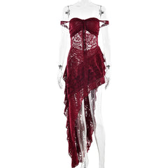 Lace Ruffle Irregular Open Back Midi Dress