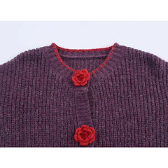 Knit Flower Buttoned Fuzzy Cardigan