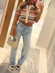 Stripe Colourful Collar Buttoned Shirt And Shorts Set