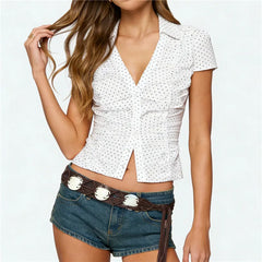 Polka Dot Lapel Short Sleeve Shirt