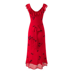 Red Floral Print Chiffon Sleeveless Midi Dress