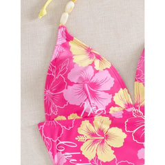 Pink Floral Bead Halter Side Lace Up Bathing Suit Bikini Set