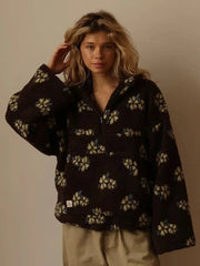 Floral Printed Zipper Teddy Jacket