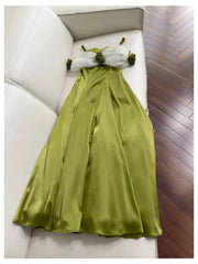 Green Satin Off-shoulder Patchwork Mesh 3d Flower Midi Dress